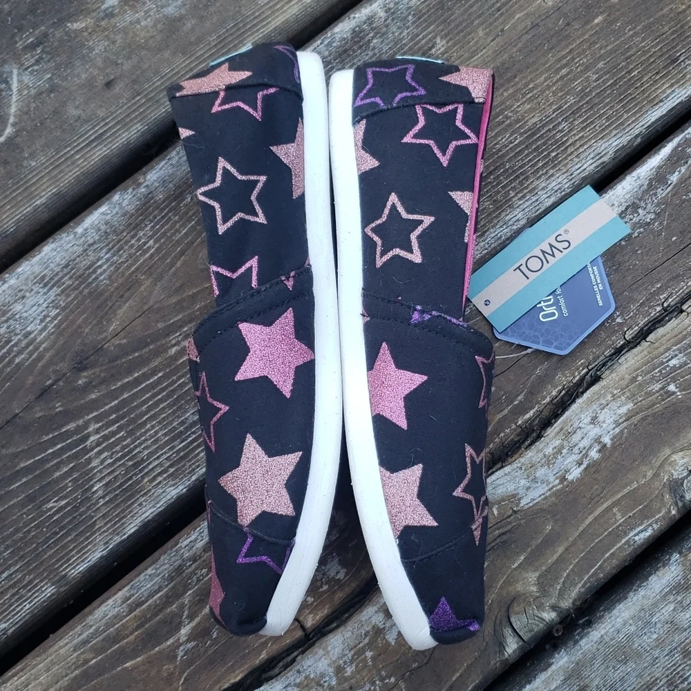 TOMS Black Glitter Stars Canvas Alpargata Slip-On sz 7 Women's Shoes NEW